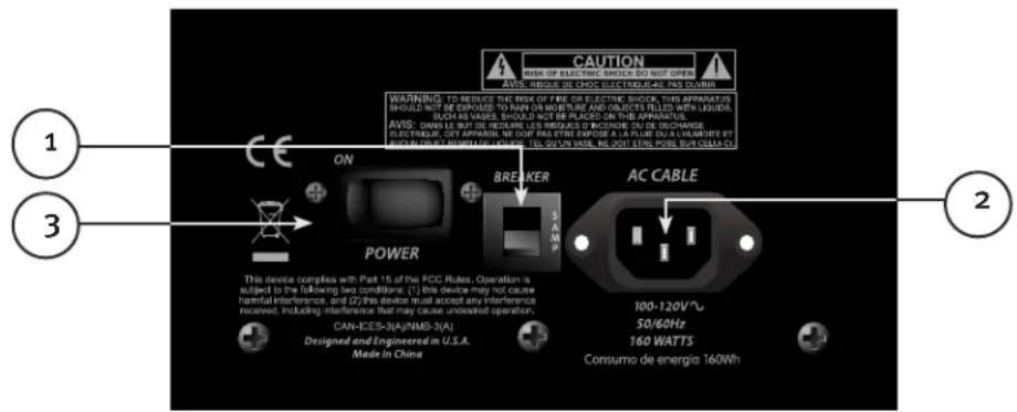 CAUTION RISK OF ELECTRIC SHOCK DO NOT OPEN AVIS: NECKS OR CHOCO-TELEPHONE/ATC ORDER WARNING: TO REVERSE THE RICK OF FIRE ON ELECTRIC, MOUNT, THIS APPARATUS SHOULD NOT BE EXPOSED TO RUN OR MOBURE AND OBJECTS TITLED WITH LIQUES, SUCH AS VARES SHOULD NOT BE PLACED ON THE APPARATUS. AVIS: DMMIE AT 24" IN FEET LEE BREAKS OF MOUNTAGE ON DU CHANGES ELECTRICAL, CUT APPLICABLE. NO DOPT HAS ETRI EXPOSE A LA FLUE DU A HUMORATE ET ROLLING IN THE MOUNTAGE OF THE CHANGES. AC CABLE ON POWER SAMP AC CABLE This device complies with Part 15 of the FCC Rules. Operation is subject to the following two conditions: (1) this device may not cause harmful interference, and (2) this device must access any interference received, including interference that may cause unseared operation. CAN-ICES-3(A)/NMB-3(A) Designed and Engineered in U.S.A. Made in China 100-120V°C 50/60Hz 160 WATTS Consumo de energia 160Wh