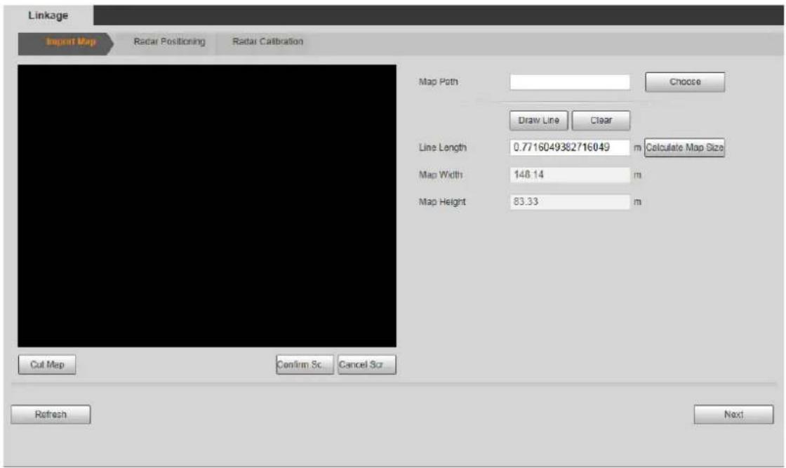 Linkage Import Map Radar Positioning Radar Calibration Map Path Choose Draw Line Clear Line Length 0.7716049382716049 m Calculate Map Size Map Width 148.14 m Map Height 83.33 m Cut Map Confirm Sc... Cancel Scr Refresh Next