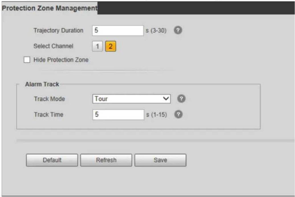 Protection Zone Management Trajectory Duration 5 s (3-30) ? Select Channel 1 2 Hide Protection Zone Alarm Track Track Mode Tour ? Track Time 5 s (1-15) ? Default Refresh Save