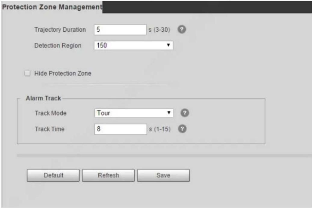 Protection Zone Management Trajectory Duration 5 s (3-30) ? Detection Region 150 Hide Protection Zone Alarm Track Track Mode Tour ? Track Time 8 s (1-15) ? Default Refresh Save