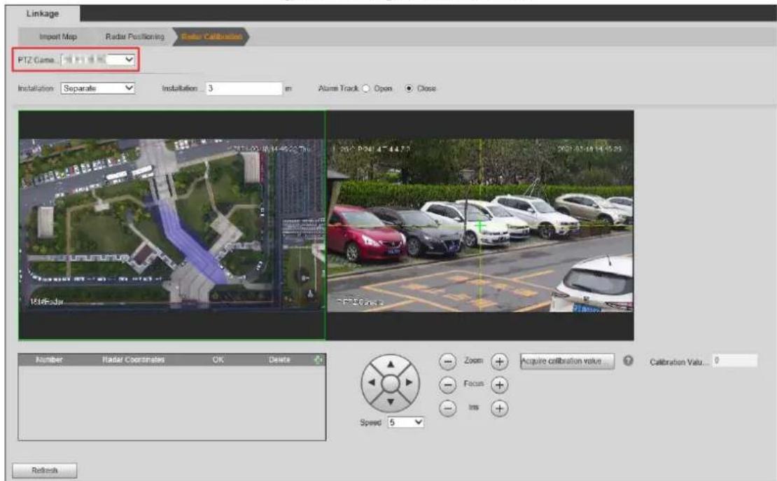 Linkage Import Map Radius Positioning Factor Calibration PTZ Game Installation: Separate Installation: 3 Altar Track Open Close Number Radar Coordinates OK Delete Zoom Acquire calibration value Calibration Value... Focus Ins Speed 5 Refresh