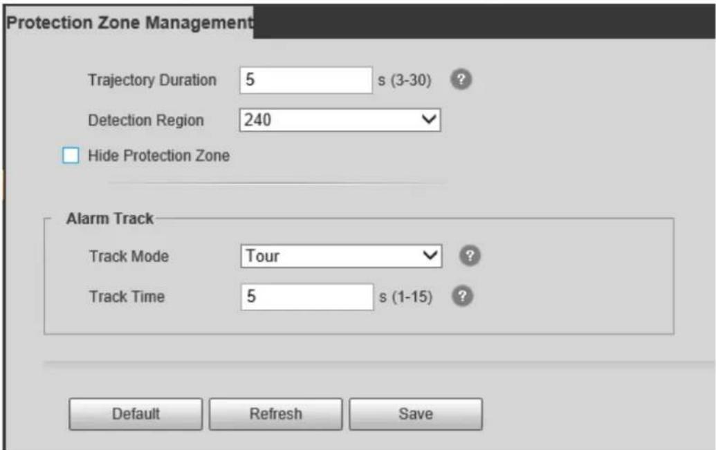 Protection Zone Management Trajectory Duration 5 s (3-30) ? Detection Region 240 Hide Protection Zone Alarm Track Track Mode Tour ? Track Time 5 s (1-15) ? Default Refresh Save