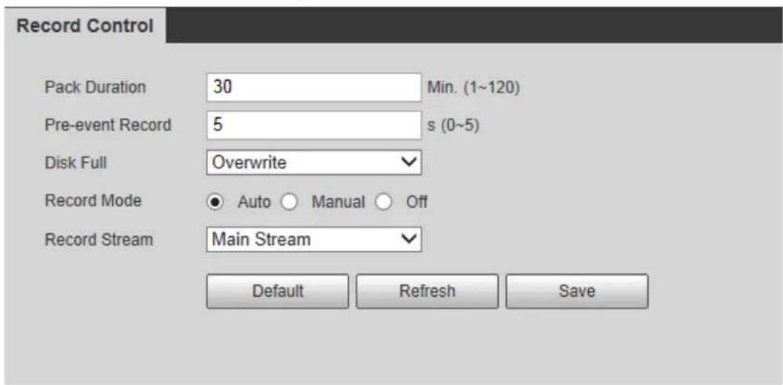 Record Control Pack Duration 30 Min. (1~120) Pre-event Record 5 s (0~5) Disk Full Overwrite Record Mode ● Auto ○ Manual ○ Off Record Stream Main Stream Default Refresh Save
