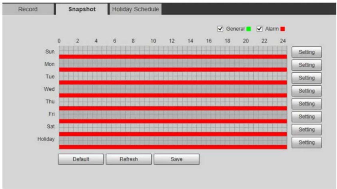 Record Snapshot Holiday Schedule ✓ General ✓ Alarm Sun Mon Tue Wed Thu Fri Sat Holiday 0 2 4 6 8 10 12 14 16 18 20 22 24 Setting Setting Setting Setting Setting Setting Setting Setting Default Refresh Save
