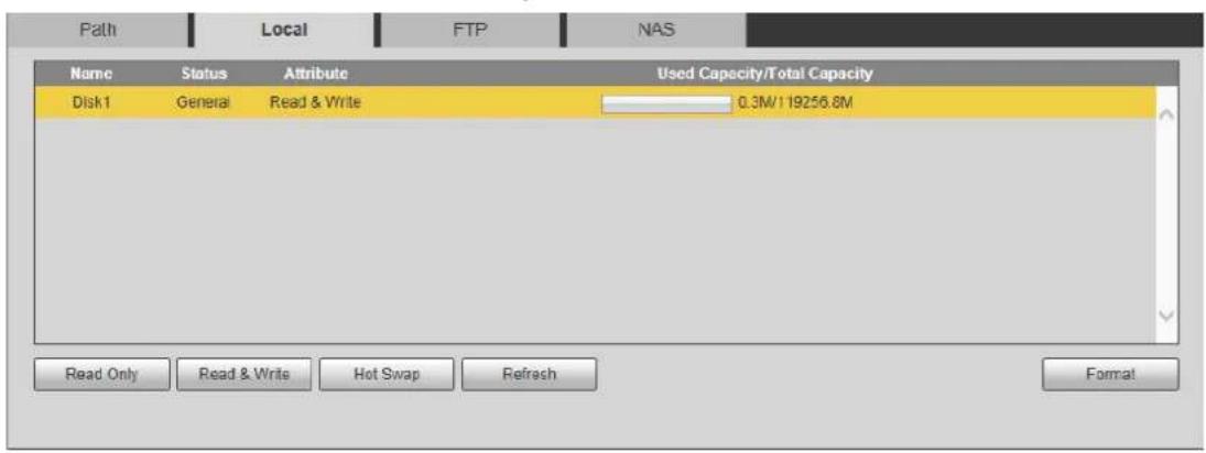 Path Local FTP NAS Name Status Attribute Used Capacity/Total Capacity Disk1 General Read & Write 0.3M/119256.8M Read Only Read & Write Hot Swap Refresh Format