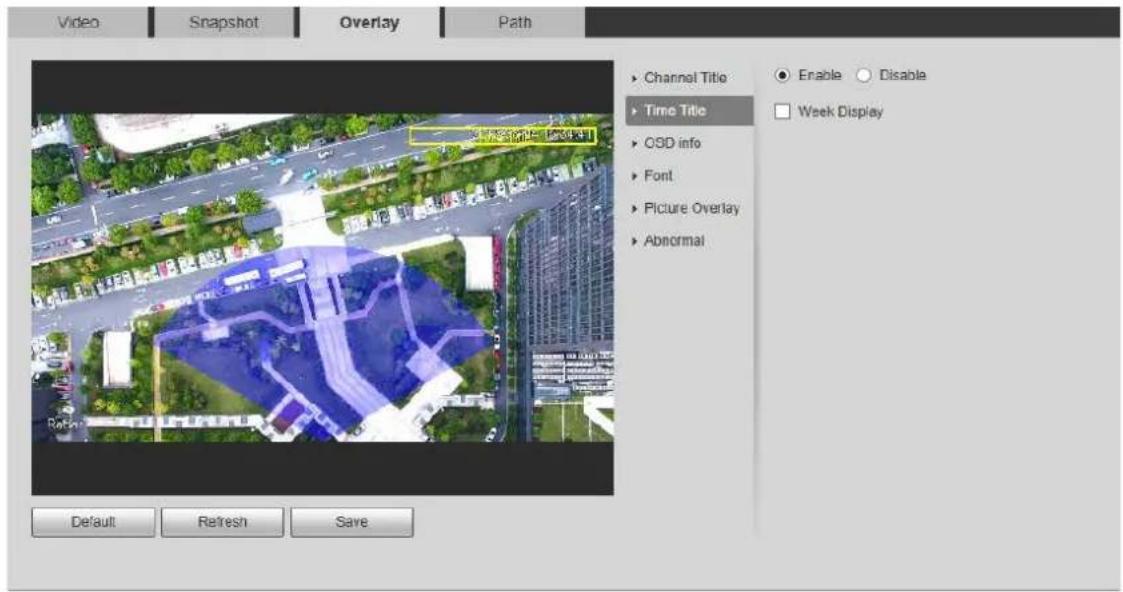 Video Snapshot Overlay Path Channel Title Time Title OSD info Font Picture Overlay Abnormal Enable Disable Week Display Default Refresh Save