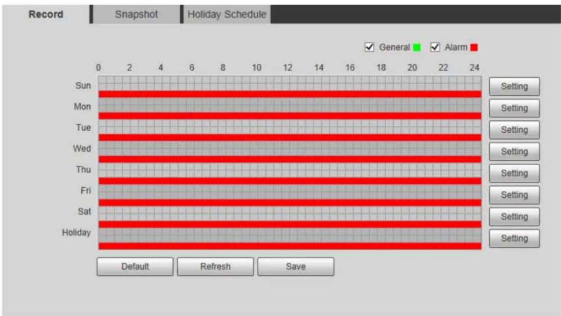 Record Snapshot Holiday Schedule ✓ General ✓ Alarm 0 2 4 6 8 10 12 14 16 18 20 22 24 Sun Mon Tue Wed Thu Fri Sat Holiday Setting Setting Setting Setting Setting Setting Setting Setting Default Refresh Save