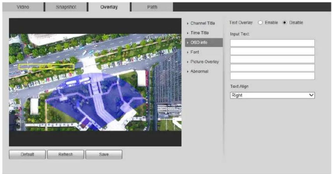Video Snapshot Overlay Path Channel Title Time Title OSD Info Font Picture Overlay Abnormal Text Overlay Enable Disable Input Text: Text Align Right Default Refresh Save