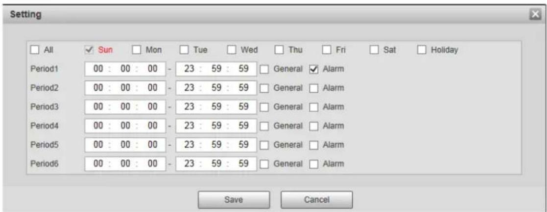 Setting All ✓ Sun □ Mon □ Tue □ Wed □ Thu □ Fri □ Sat □ Holiday Period1 00 : 00 : 00 - 23 : 59 : 59 □ General ✓ Alarm Period2 00 : 00 : 00 - 23 : 59 : 59 □ General □ Alarm Period3 00 : 00 : 00 - 23 : 59 : 59 □ General □ Alarm Period4 00 : 00 : 00 - 23 : 59 : 59 □ General □ Alarm Period5 00 : 00 : 00 - 23 : 59 : 59 □ General □ Alarm Period6 00 : 00 : 00 - 23 : 59 : 59 □ General □ Alarm Save Cancel