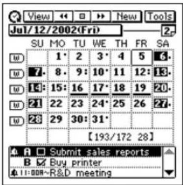 View New Tools Jul/12/2002(Fri) 2. SU MO TU WE TH FR SA W 1· 2 3· 4 5 6. W 7· 8· 9· 10· 11 12· 13. W 14· 15· 16 17· 18 19 20. W 21· 22 23 24· 25 26 27. W 28· 29 30· 31· 【193/172 28】 A □ Submit sales reports B ☑ Buy printer A □:00A~R&D meeting
