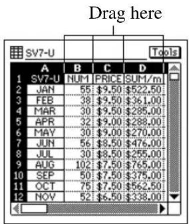 CASIO PV-S660 - To change the width of a column by dragging its boundary - 1