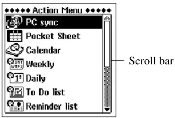 Action Menu PC sync Pocket Sheet Calendar Weekly Daily To Do list Reminder list Scroll bar