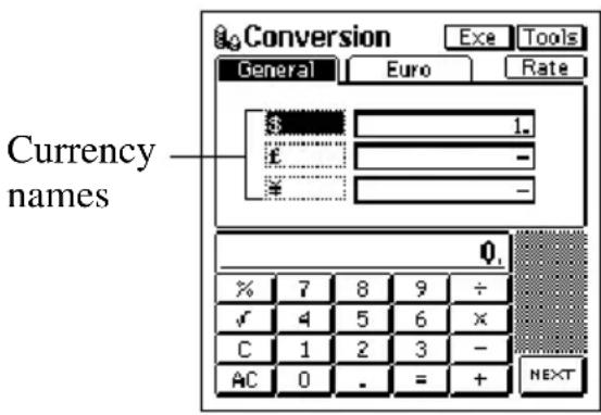Currency names Conversion Exe Tools General Euro Rate 1. - - 0. % 7 8 9 ÷ √ 4 5 6 × C 1 2 3 - AC 0 . = + NEXT