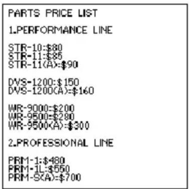 PARTS PRICE LIST 1.PERFORMANCE LINE STR-10:$80 STR-11:$85 STR-11(A):$90 DVS-1200:$150 DVS-1200(A):$160 WR-9000:$200 WR-9500:$280 WR-9500(A):$300 2.PROFESSIONAL LINE PRM-1:$480 PRM-1L:$550 PRM-S(A):$700