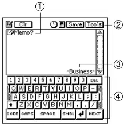 ① Clr Save Tools Memo? -Business- ② ③ ④ 1 2 3 4 5 6 7 8 9 0 DEL Q W E R T Y U I O P - A S D F G H J K L ; + Z X C V B N M , . / CODE CAPS SPACE SMBL NEXT