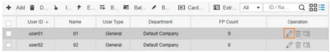 Add D... I... E... B... Bat... B... Card... Extr... All ID / Na... User ID ▲ Name User Type Department FP Count Operation user01 01 General Default Company 0 user02 02 General Default Company 0