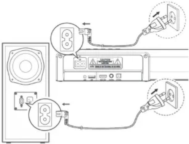 Diagram showing connections between a speaker, electrical socket, and power outlet with labeled components and wiring paths