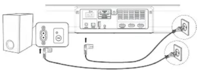 Diagram showing connection between a speaker, audio device, and power outlet with labeled components