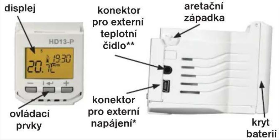 displej HD13-P s 19:30 20.7c ovládací prvky konektor pro externí teplotní čidlo** konektor pro externí napájení* aretační západka kryt baterii