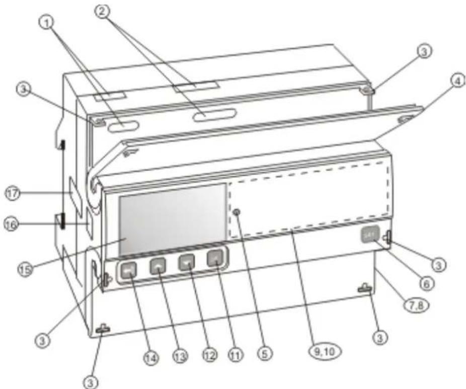 Technical diagram of a device with numbered components for identification and assembly reference.