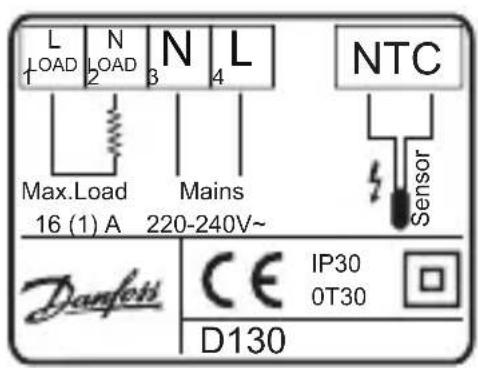L N N L LOAD LOAD 3 4 Max.Load Mains 16 (1) A 220-240V~ NTC Sensor Danfetti CE IP30 0T30 D130