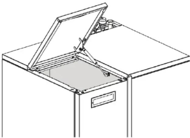 Line drawing of a simple open lid or cabinet with metal frame and internal components (no text or symbols)