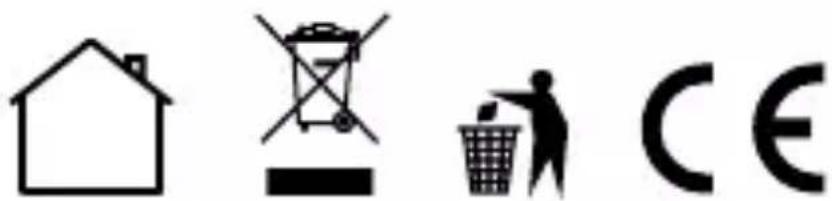 Image containing four symbols: a house, a crossed-out trash bin, a person in a basket, and a 'CE' (Copyright Entity) symbol.