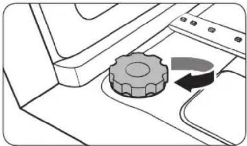Diagram of a mechanical component with a gear and curved arrow indicating rotation. No text or symbols.