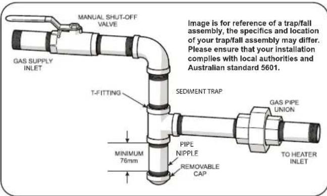MANUAL SHUT-OFF VALVE GAS SUPPLY INLET T-FITTING SEDIMENT TRAP MINIMUM 76mm PIPE NIPPLE REMOVABLE CAP TO HEATER INLET Image is for reference of a trap/fall assembly, the specifics and location of your trap/fall assembly may differ. Please ensure that your installation complies with local authorities and Australian standard 5601.