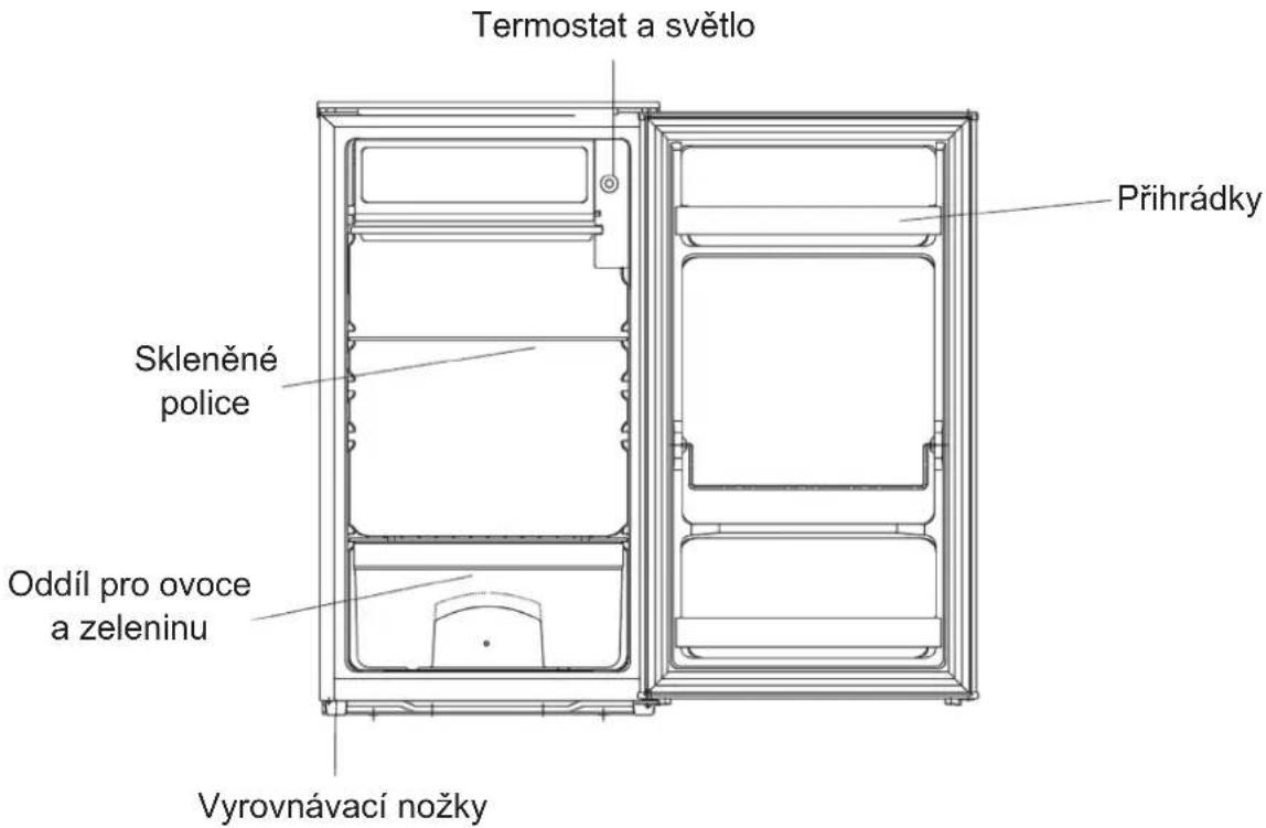 Termostat a světlo Přihrádky Skleněné police Oddíl pro ovoce a zeleninu Vyrovnávací nožky