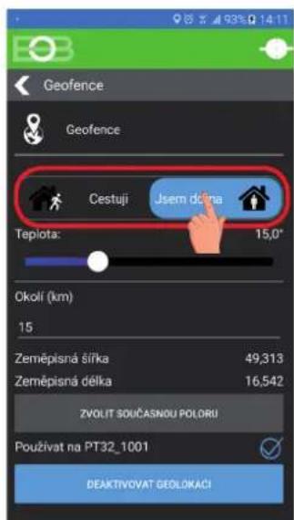 Geofence Geofence Cestuji Jsem děna Teplota: 15,0* Okolí (km) 15 Zeměpisná šiřka 49,313 Zeměpisná délka 16,542 ZVOLIT SOUČASNOU POLORU Použivat na PT32_1001 DEAKTIVOVAT GEOLDKACI