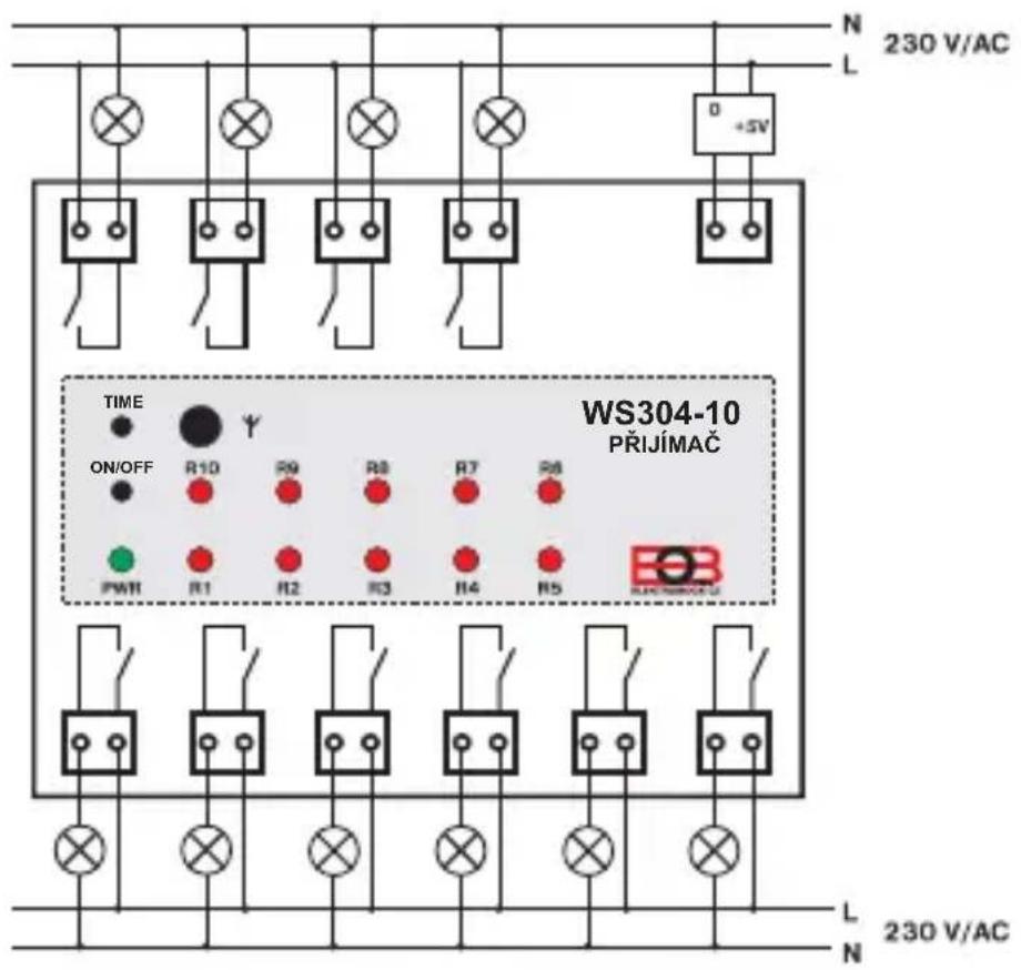 N L 230 V/AC O +5V TIME ON/OFF R10 P9 R8 R7 R6 PWR R1 R2 R3 R4 R5 WS304-10 PRIJÍMAČ L N 230 V/AC