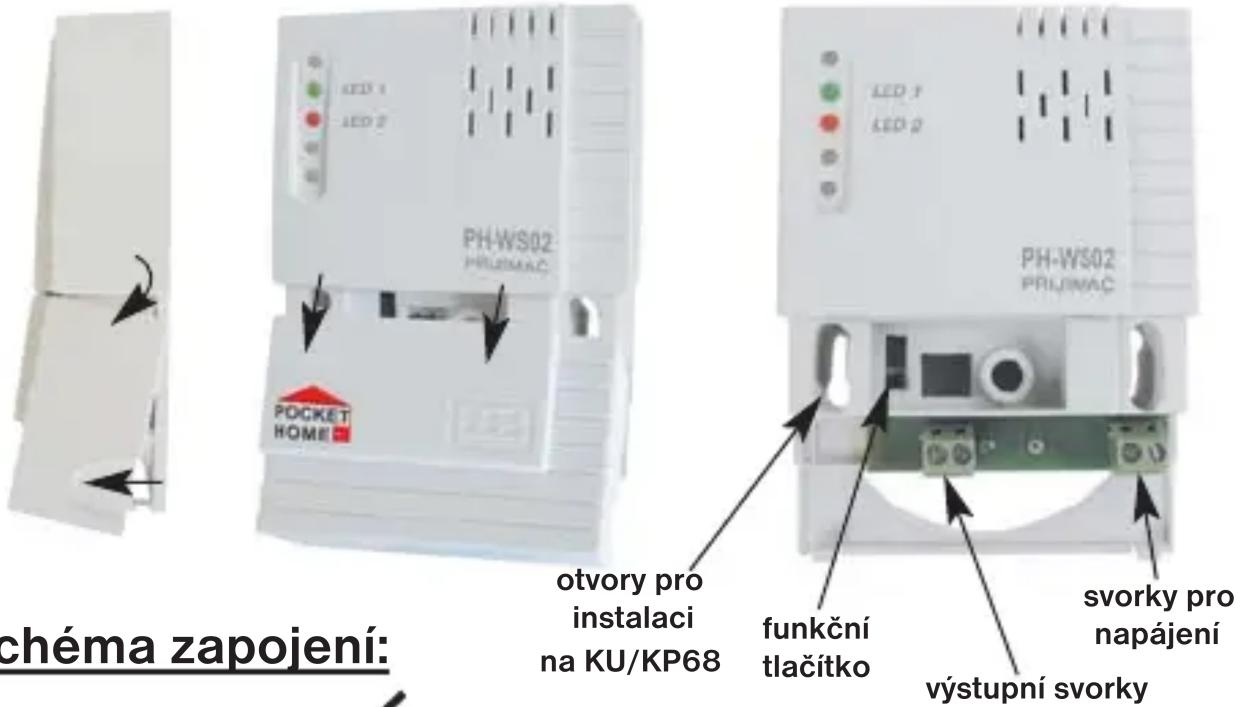 chéma zapojení: otvory pro instalaci na KU/KP68 funkční tlačítko svorky pro napájení výstupní svorky PH-WS02 PHIJINAC POCKET HOME