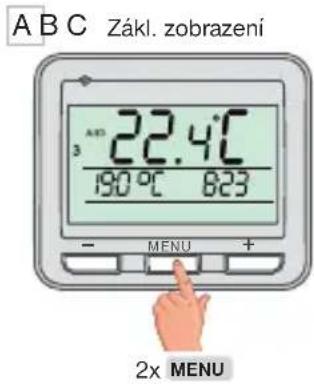 A B C Zákl. zobrazení 3 22.4°C 190°C 8:23 - MENU + 2x MENU