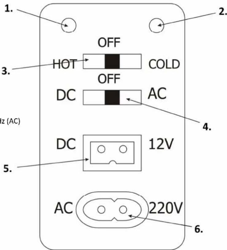 1. OFF 3. HOT COLD DC OFF AC 4. 5. DC 12V 6. AC 220V Hz (AC)