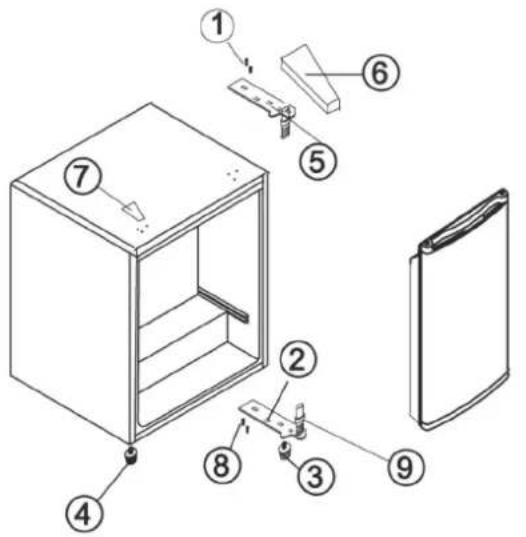 Exploded view diagram of a refrigerator with numbered parts for identification