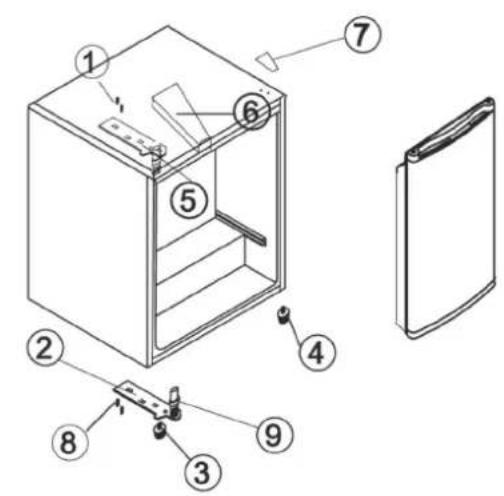 Exploded view diagram of a refrigerator with numbered parts for identification