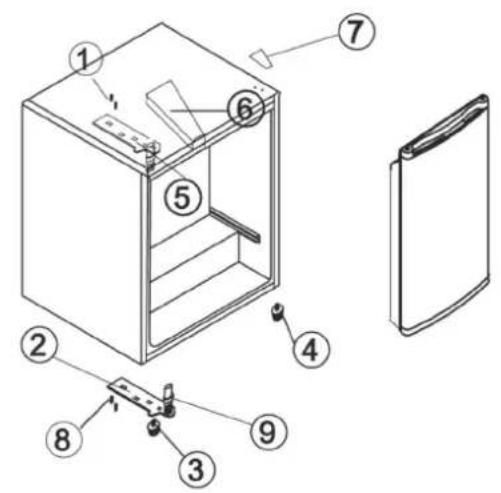 Technical diagram of a refrigerator with numbered parts for identification and assembly reference.