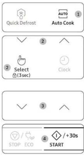 Quick Defrost AUTO Auto Cook 2 Select (3sec) Clock 3 STOP / ECO 4 / +30s START