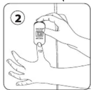 Illustration showing a hand holding a blood glucose meter with a numbered label (2) indicating the step.