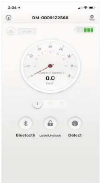 2:04 DM-0009122566 Current speed: 0.0 km/h Bluetooth Lock/Undock Detect