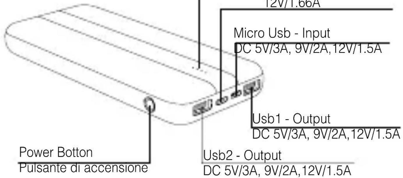 Power Botton Pulsante di accensione Micro Usb - Input DC 5V/3A, 9V/2A,12V/1.5A Usb1 - Output DC 5V/3A, 9V/2A,12V/1.5A Usb2 - Output DC 5V/3A, 9V/2A,12V/1.5A