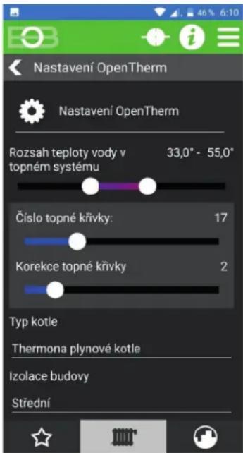 Nastavení OpenTherm Nastavení OpenTherm Rozsah teploty vody v 33,0° - 55,0° topném systému Číslo topné křivky: 17 Korekce topné křivky 2 Typ kotle Thermona plynové kotle Izolace budovy Střední