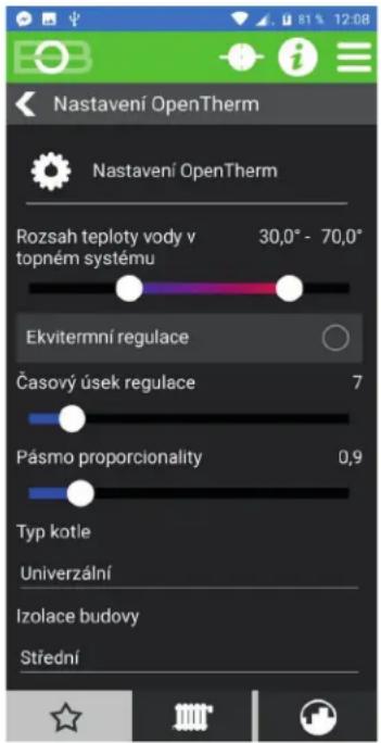 Nastavení OpenTherm Nastavení OpenTherm Rozsah teploty vody v topném systému 30,0° - 70,0° Ekvitermní regulace Časový úsek regulace 7 Pásmo proporcionality 0,9 Typ kotle Univerzální Izolace budovy Střední