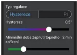 Typ regulace Hystereze PI Hystereze 0,5° Minimální doba zapnutí topného 2 min zařízení