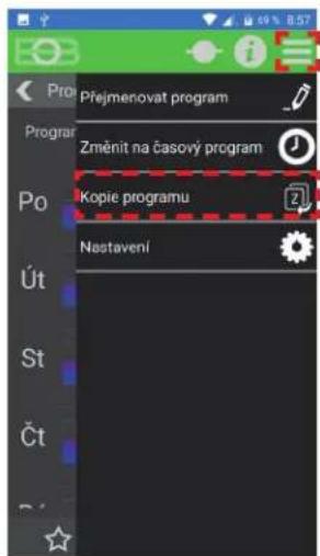 Pro Príjemenovat program Změnit na časový program Kopie programu Nastavení Út St Čt