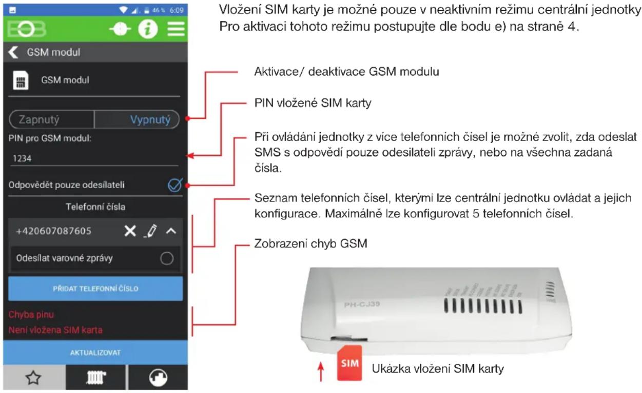 Vložení SIM karty je možné pouze v neaktivním režimu centrální jednotky. Pro aktivaci tohoto režimu postupujte dle bodu e) na straně 4. Aktivace/ deaktivace GSM modulu PIN vložené SIM karty Při ovládání jednotky z více telefonních čísel je možné zvolit, zda odeslat SMS s odpovědí pouze odesilateli zprávy, nebo na všechna zadaná čísla. Seznam telefonních čísel, kterými lze centrální jednotku ovládat a jejich konfigurace. Maximálně lze konfigurovat 5 telefonních čísel. Zobrazení chyb GSM Ukázka vložení SIM karty