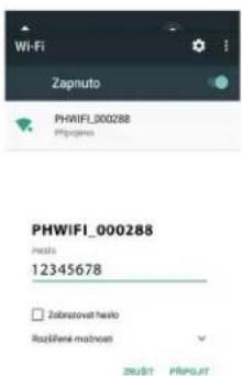 Wi-Fi Zapnuto PHWIFI_000288 Phwpena PHWIFI_000288 media 12345678 Zobrakovat hesto Rostříne měchnost ZRUST PRPOUT