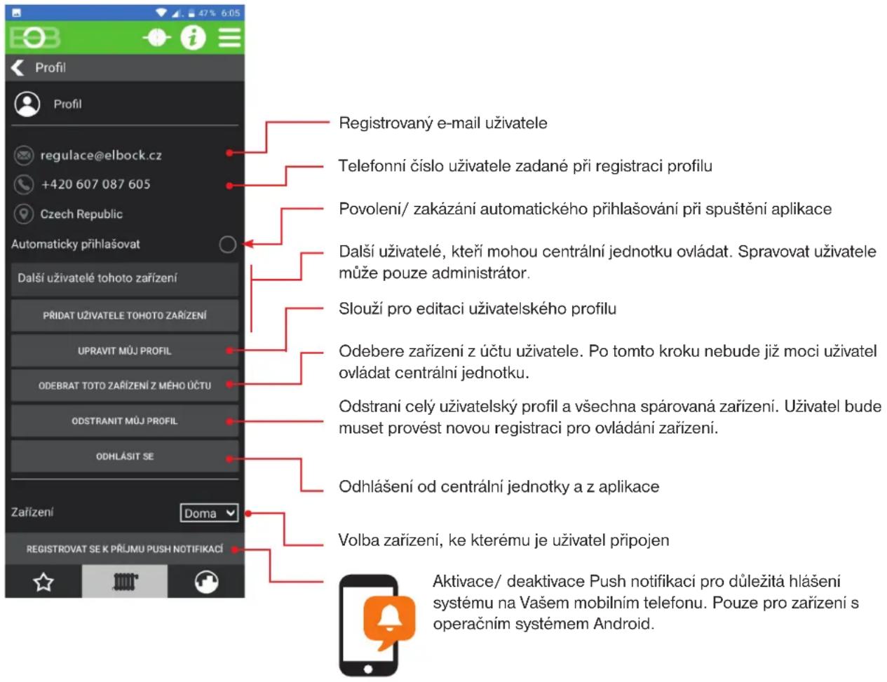 Registrovaný e-mail uživatele Telefonní číslo uživatele zadané při registraci profilu Povolení/ zakázání automatického přihlašování při spuštění aplikace Další uživatelé, kteří mohou centrální jednotku ovládat. Spravovat uživatele může pouze administrátor. Slouží pro editaci uživatelského profilu Odebere zařizení z účtu uživatele. Po tomto kroku nebude již moci uživatel ovládat centrální jednotku. Odstraní celý uživatelský profil a všechna spárovaná zařizení. Uživatel bude muset provést novou registraci pro ovládání zařizení. Odhlášení od centrální jednotky a z aplikace Volba zařizení, ke kterému je uživatel připojen Aktivace/ deaktivace Push notifikací pro důležitá hlásení systému na Vašem mobilním telefonu. Pouze pro zařizení s operačním systémem Android.