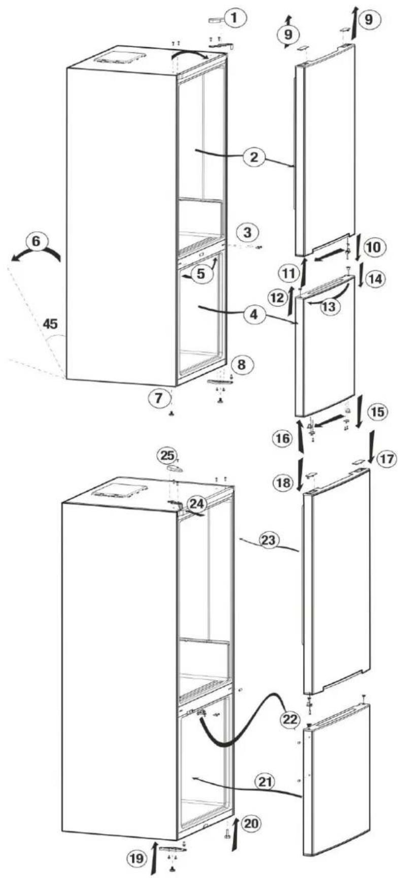 Technical diagram of a refrigerator interior with numbered components and directional arrows indicating movement or assembly.